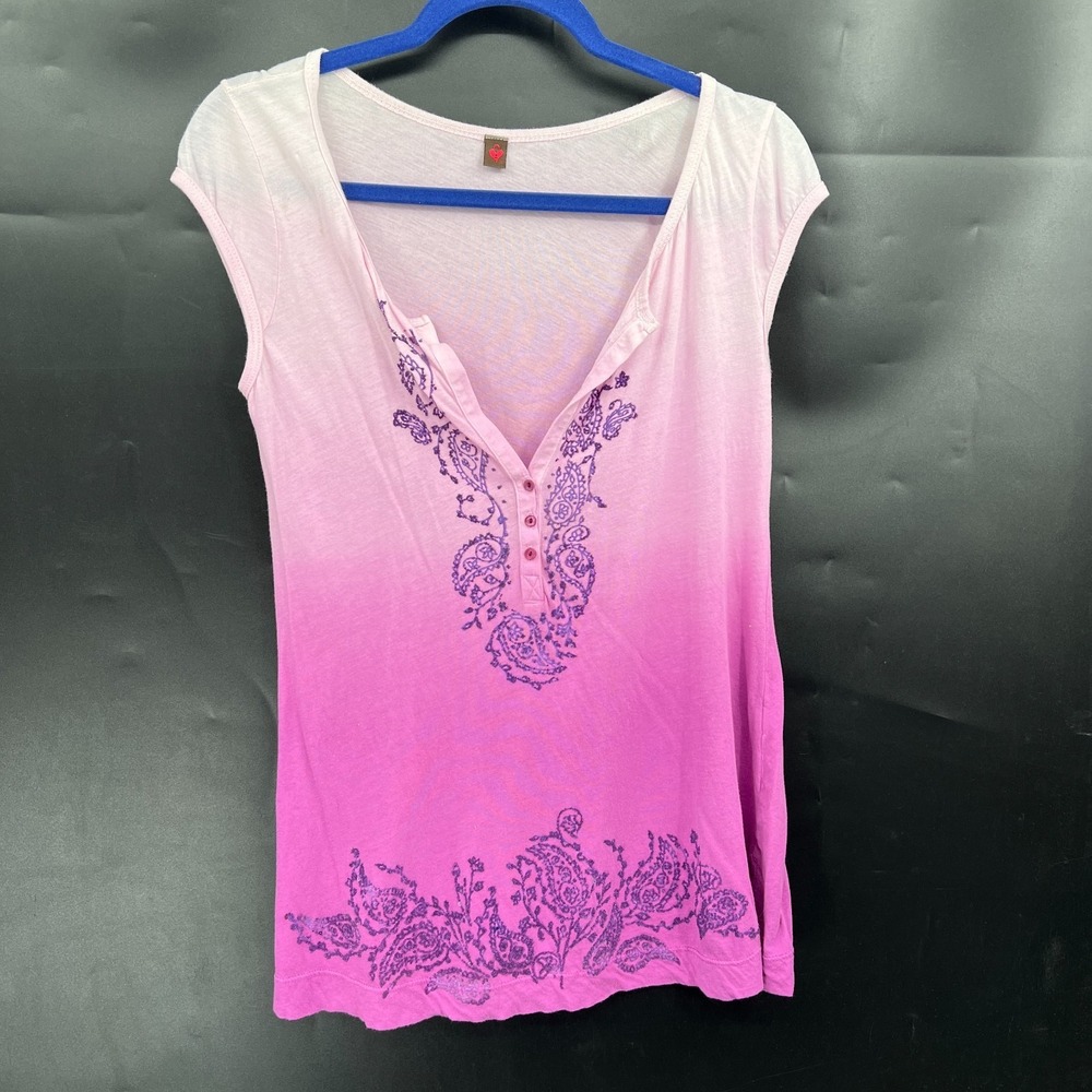 y2k beaded ombre long top purple floral tee-shirt pink v-neck henly button L